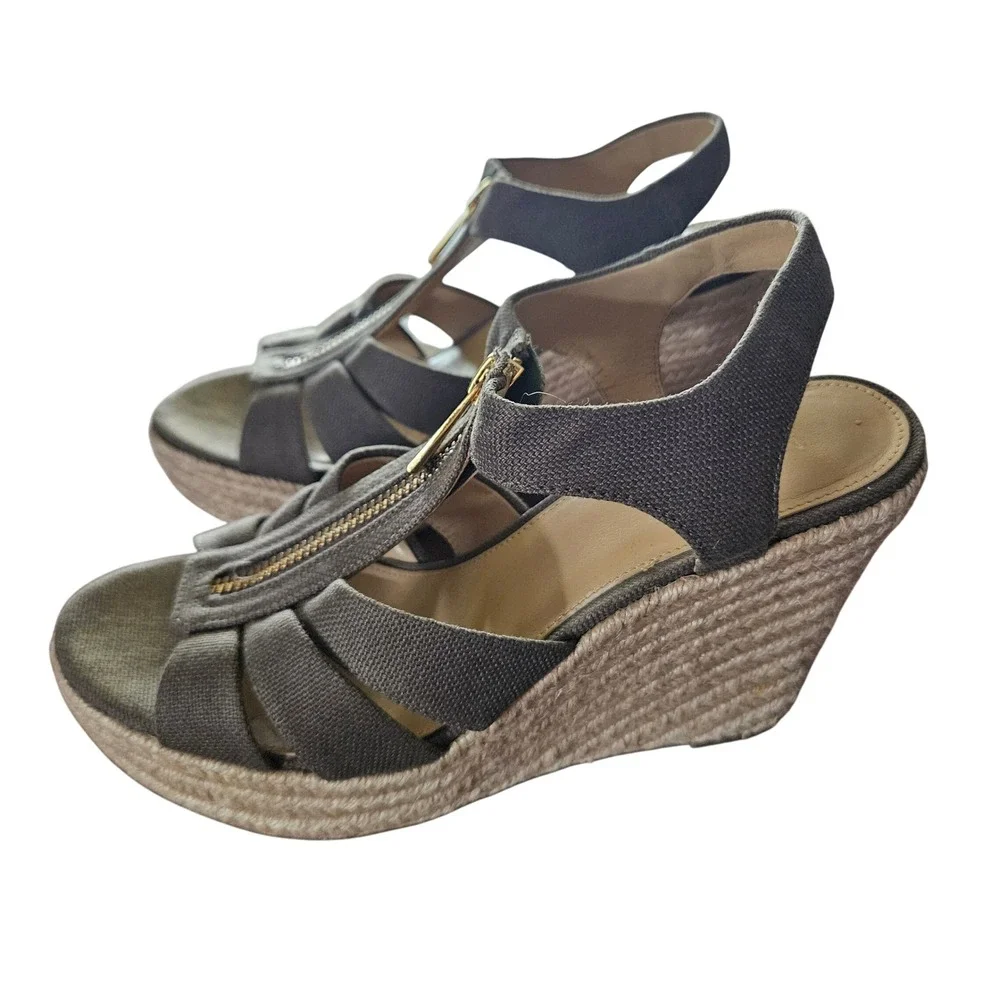 Michael Kors Womens Olive‎ Green Canvas Front Zip Espadrille Wedge Sandals 7